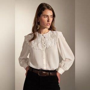 Kathy Che Vintage White Embroidered Collar Long Sleeve Blouse Top 12 L